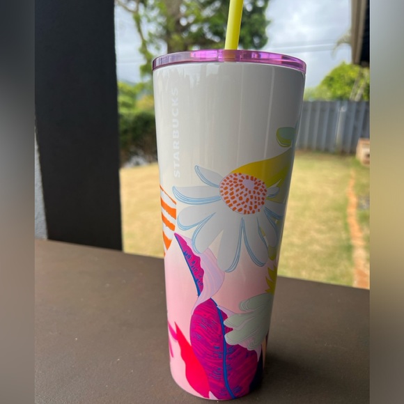NWT- STARBUCKS FLORAL 24oz. Insulated coffee cup w/ Straw - Picture 1 of 6